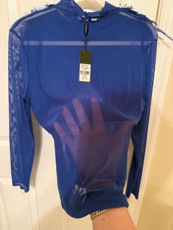 Royal Blue Feather-Trim Mesh Top - Picture 4 of 8